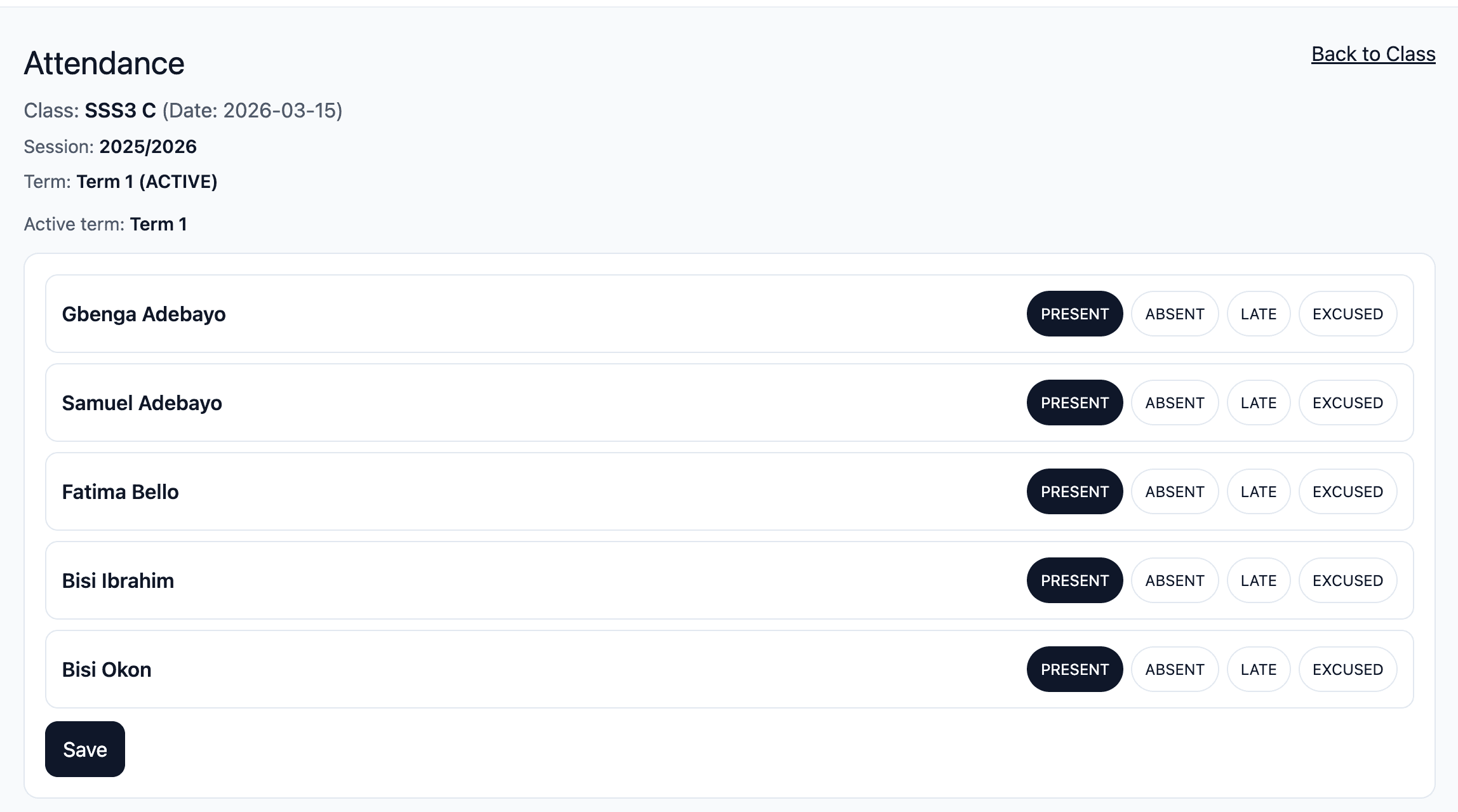 ClassPoint attendance screen showing a class register with structured attendance controls.