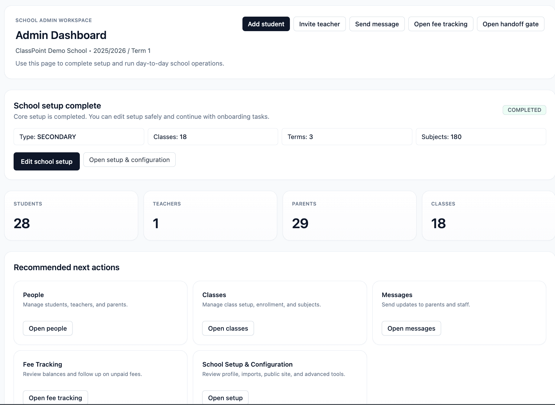 ClassPoint admin dashboard showing school operations, setup status, and recommended actions.