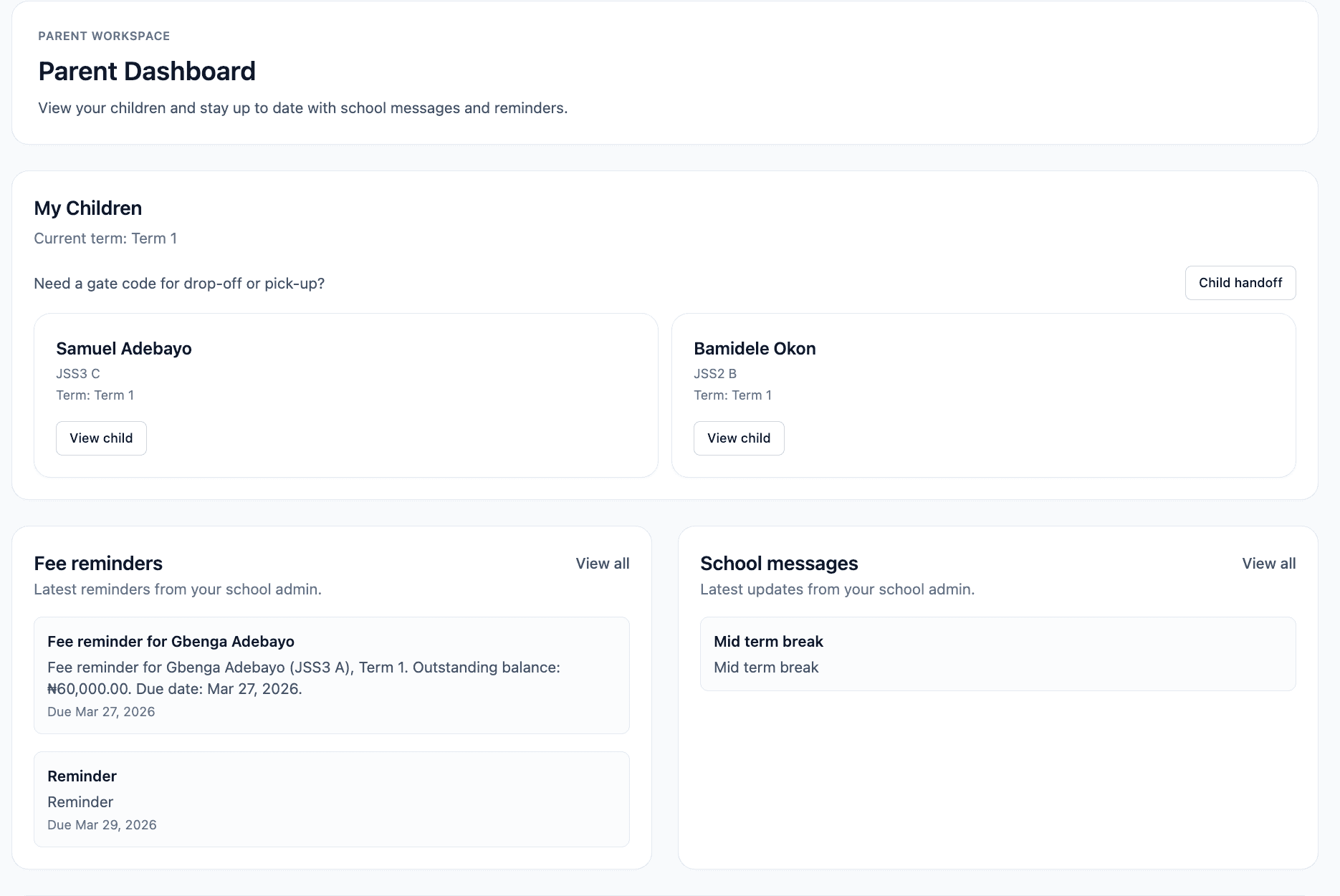 ClassPoint parent portal showing children, fee reminders, and school messages.